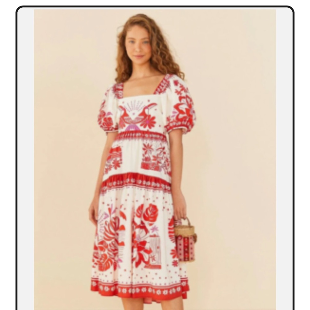 FARM Rio White Midi Dress with Red Floral Print